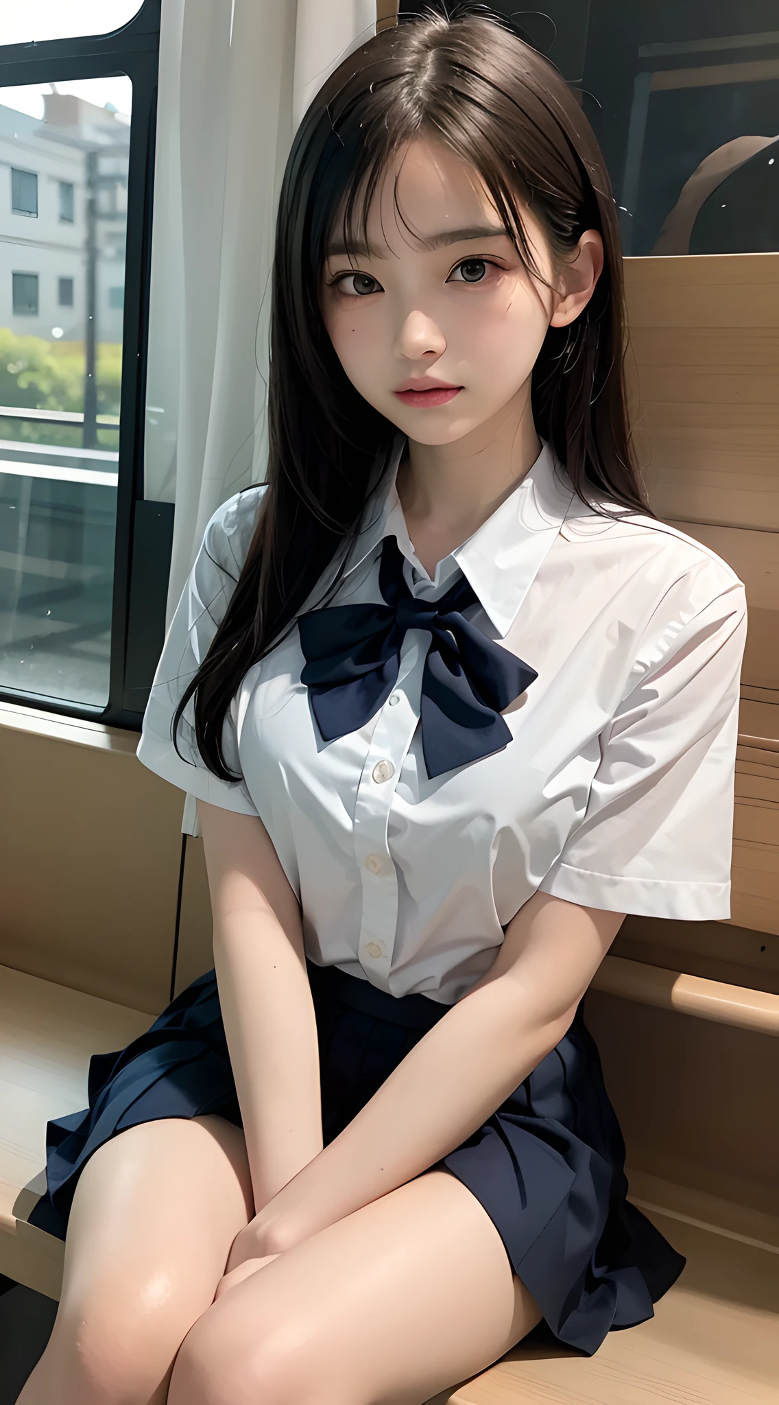 (masterpiece, best quality:1.2), 8k, 15yo, 85mm, official art, raw photo, absurdres, white dress shirt, pretty face, close up, upper body, violaceaess, gardeniass, beautiful girl, , (navy pleated skirt:1.2), cinch waist, thighs, short sleeve, in train, sitting on bench seat, looking at viewer, no makeup, (smile:0.4), film grain, chromatic aberration, sharp focus, facelight, clear lighting, teen, detailed face, bokeh background, (dark red bowtie:1.1)