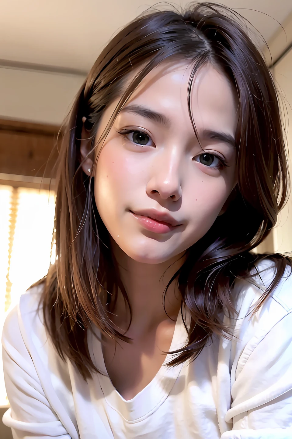 (Realistic, photo-realistic:1.37),(8K, RAW photo, Best quality, Masterpiece:1.2), Cute, Ultra-detailed,Heart-shaped pupils,Physically-based rendering, Ultra-high resolution, view the viewer,Photorealistic,Realistic, 独奏, Photorealistic, Best quality,Extremely detailed face,Extremely detailed eyes and face, Beautiful detailed eyes,absurderes, unbelievable Ridiculous,haunting smile,childish looks,20yr old，Large chest，Messy hair, Floating hair,pureerosface_v1:0.2, full bodyesbian，((Lying on her back in bed))，Hands raised，asking for a hug，White office shirt，The chest is exposed，The button is not buttoned，navel，Open your mouth slightly，Smile，Looking at the ceiling，Look into the camera