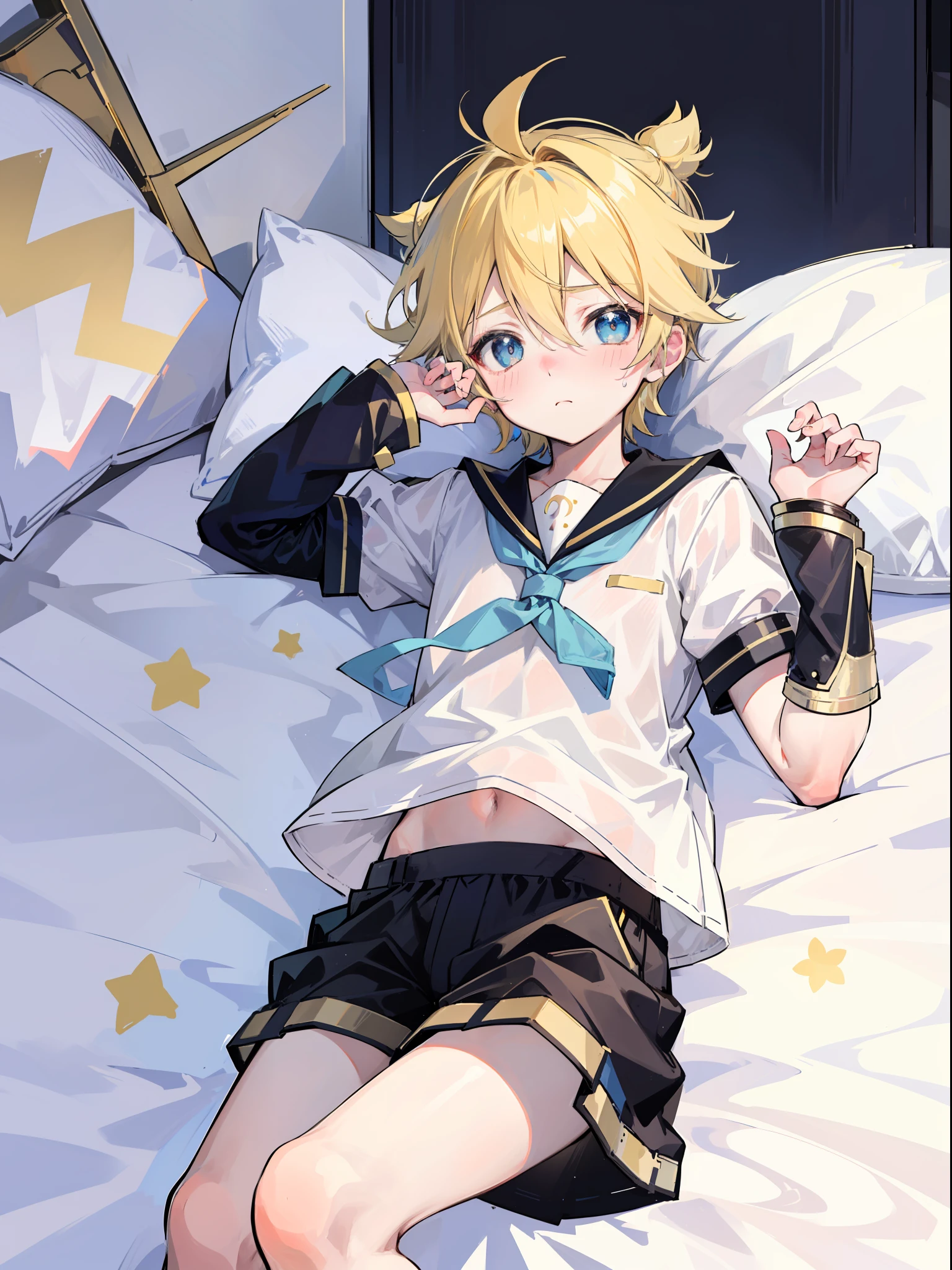 best quality, ultra precision, one boy, (boy is Len_Kagamine), blue eyes, blond hair, young, cute, blush, teenager, boy is cowlick, men's sailor uniform, cool, shy, on bed, black short pants, character focus, he loves you, lying on bed, sleepy, cowboy shot