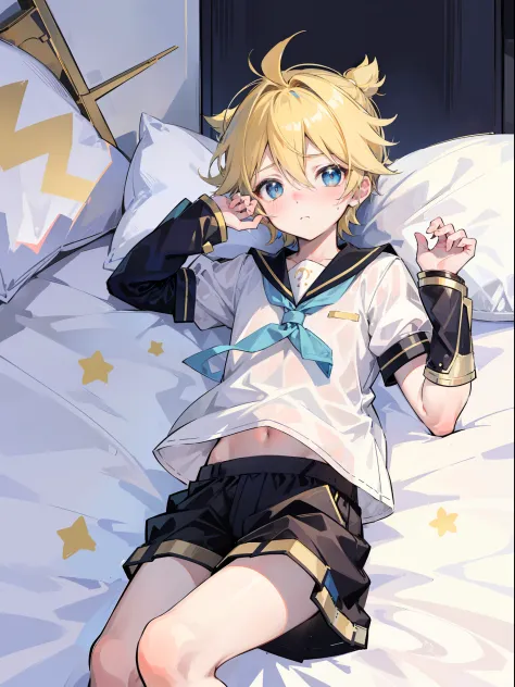 best quality, ultra precision, one boy, (boy is len_kagamine), blue eyes, blond hair, young, cute, blush, teenager, boy is cowli...