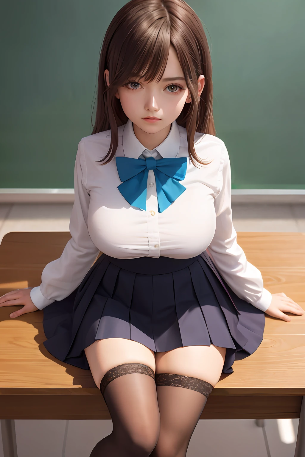 tmasterpiece，best qualtiy，ultra - detailed，illustratio，Colorful，Falt color，depth of fields，lens flare glow，1girl，anime big breast，sitted，brunette color hair，looking at viewert，schools，‎Classroom，Pleated miniskirt，校服，serafuku，black pantyhoses，Detailed skin texture，Fine cloth texture，Nice and delicate face，realisticlying，M-shaped legs，teens girl