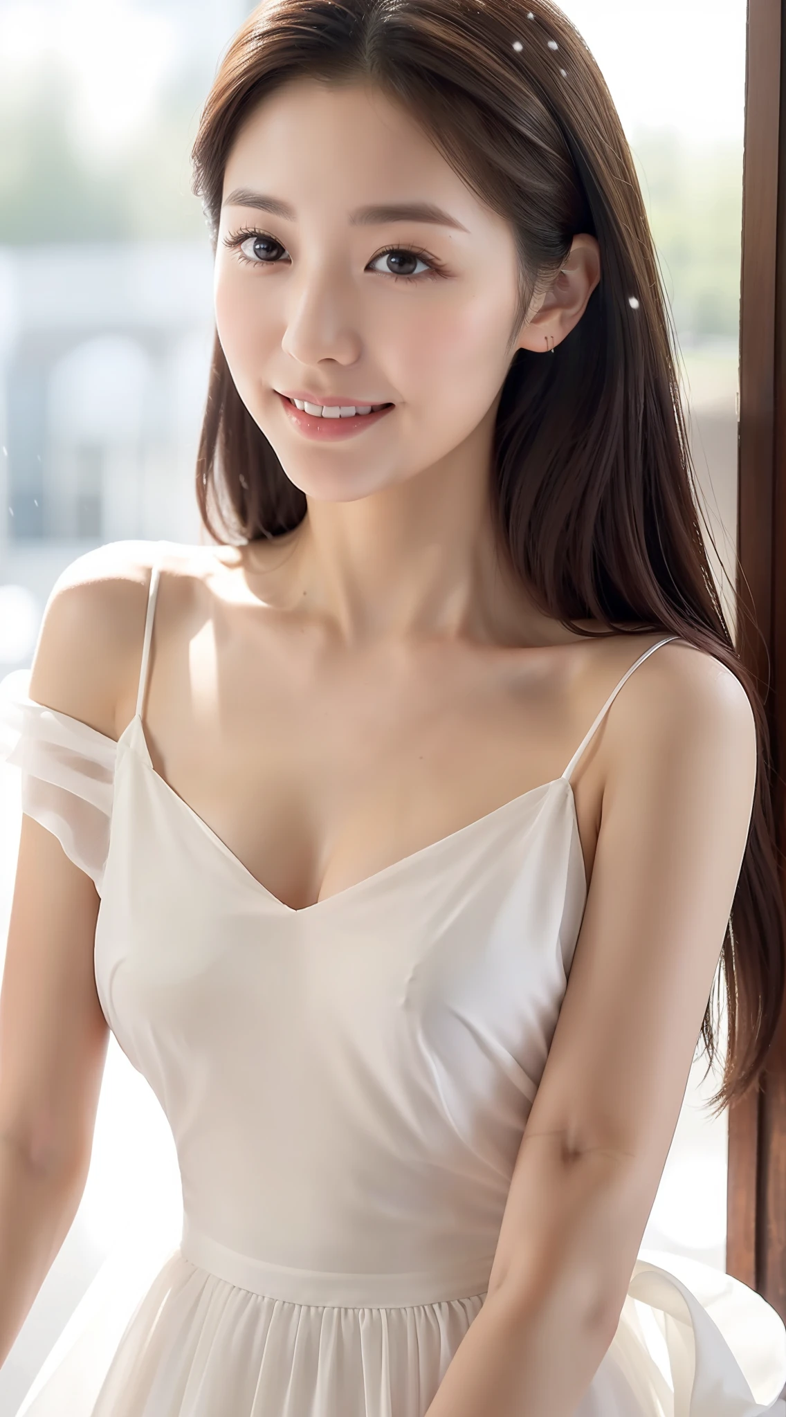 (A Korean Woman), (A Woman), Portrait Mode, Large Depth of Field, 45 Degree View, Royal Sister, Gentle, ((Best Quality, 8K, Masterpiece: 1.3)), Focus: 1.2, Standing Sideways, (Chest Close-up: 1.3), ((Delicate Long Hair)), Highly detailed face and skin texture, Detailed eyes, Double eyelids, Long eyelashes, (Snow white skin), Whitening skin, Smile, 20 years old, soft chiffon transparent dress, long skirt, Mercury dress, elegant dress, Wearing elegant dresses, dresses, soft elegance, beautiful dresses, wearing long dresses, elegant elegance, beautiful soft dresses, chiffon