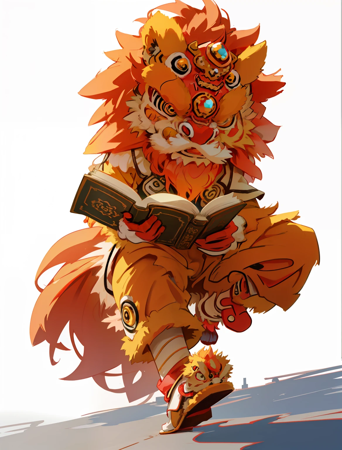 Orange lion dance，Front view，erect through，Inhuman，Book in hand，3D plane，no gradien，with a simple background，Line drawings，Simple lines，Curve smoothing，Cartoony，The color of the hair around the face is dark brown，There is only one book in hand，There is a cape on the back