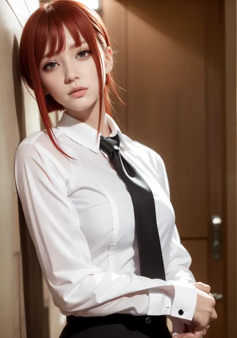 Red hair　Condescending gaze　Black tie　Mature look　Cold eyes　white  shirt　thin lipss