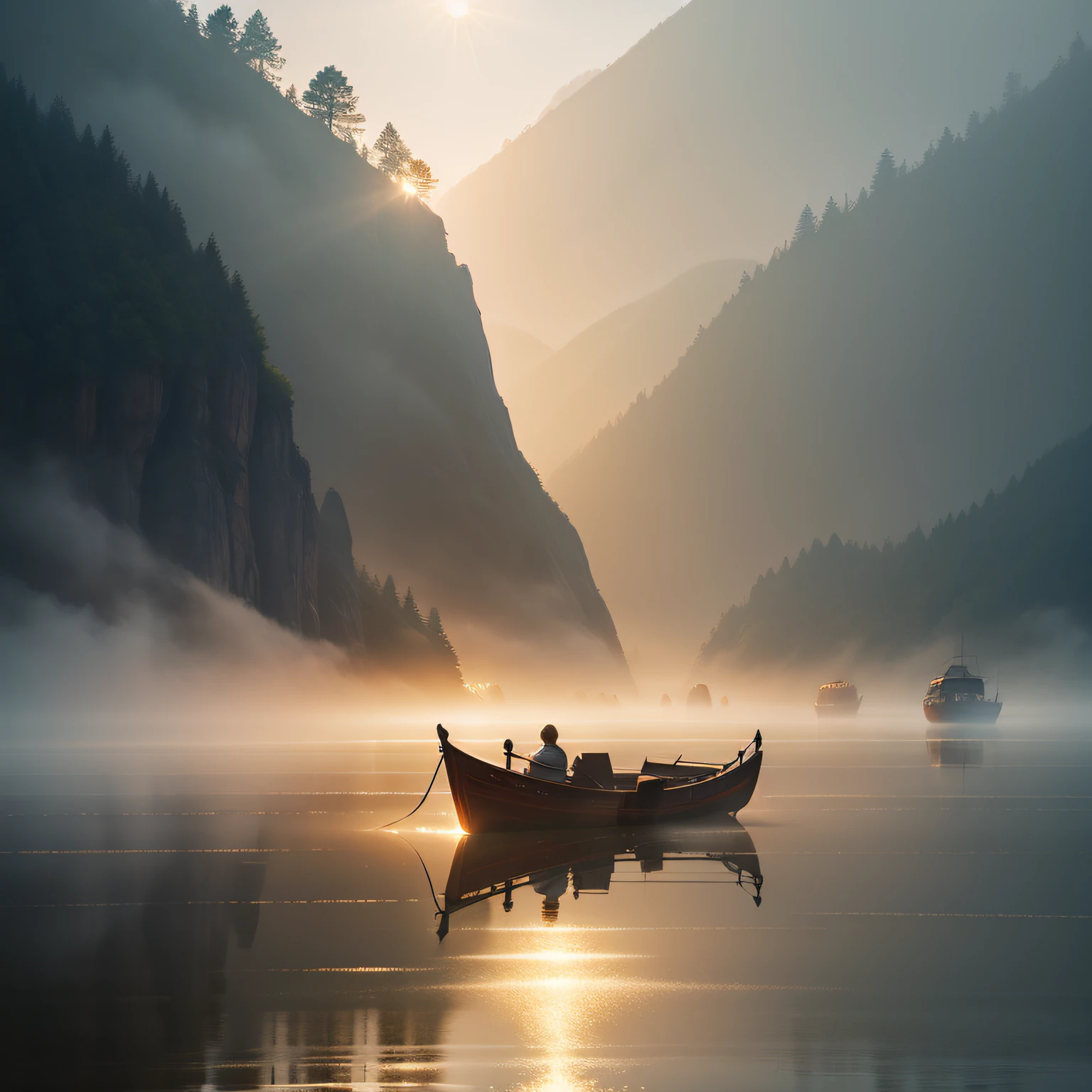 in the early morning，Small fog，The light from the back window is backlighted，Mist morning light，Boat，small boats，Chinese Ancient Times，epic，Light mist, Morning mist, forest ray light, A faint morning mist, golden morning light, light through the mist