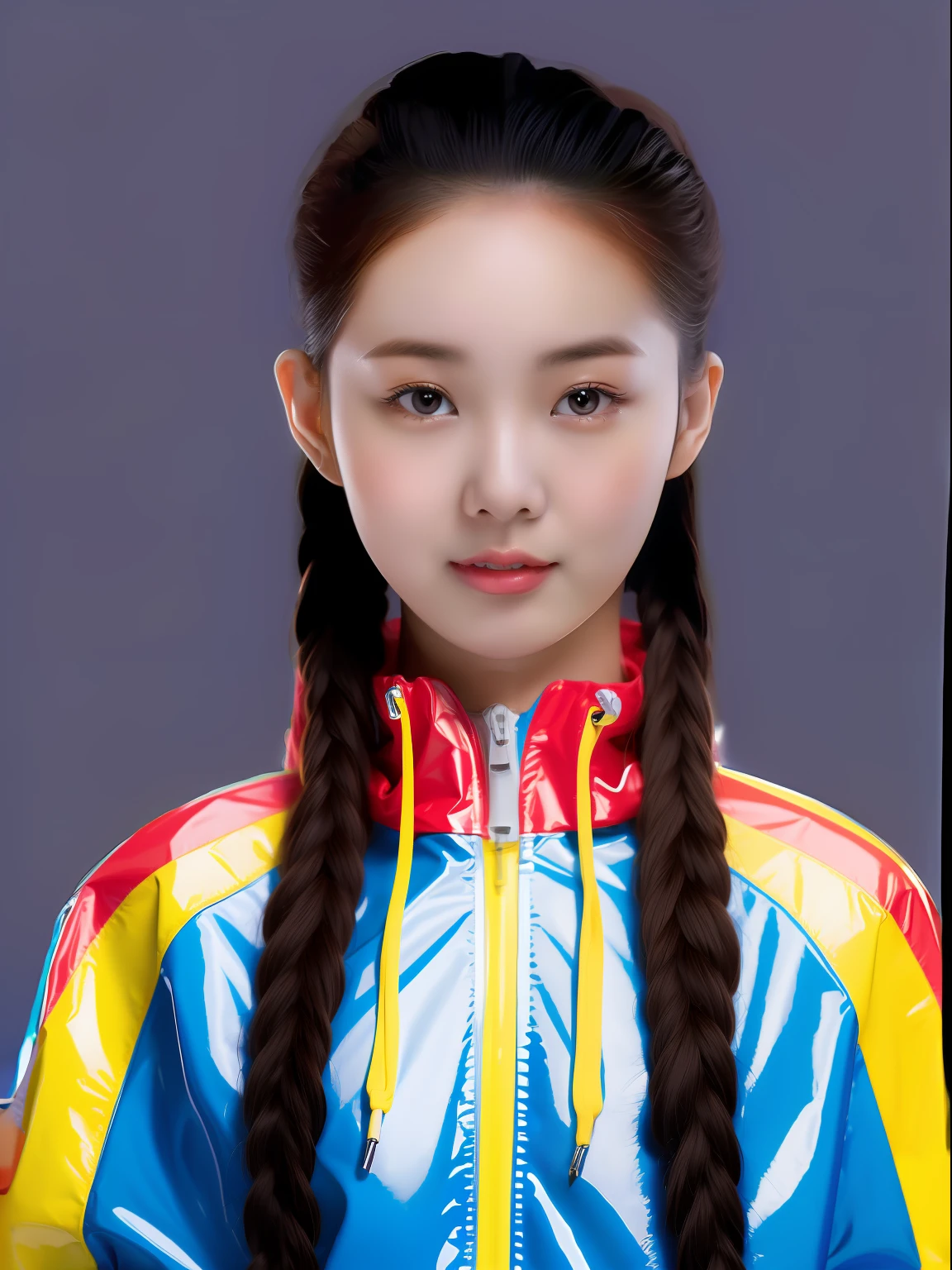 A Chinese 17-year-old high school girl，Wear a brightly colored PVC sweatshirt，Light gray solid background