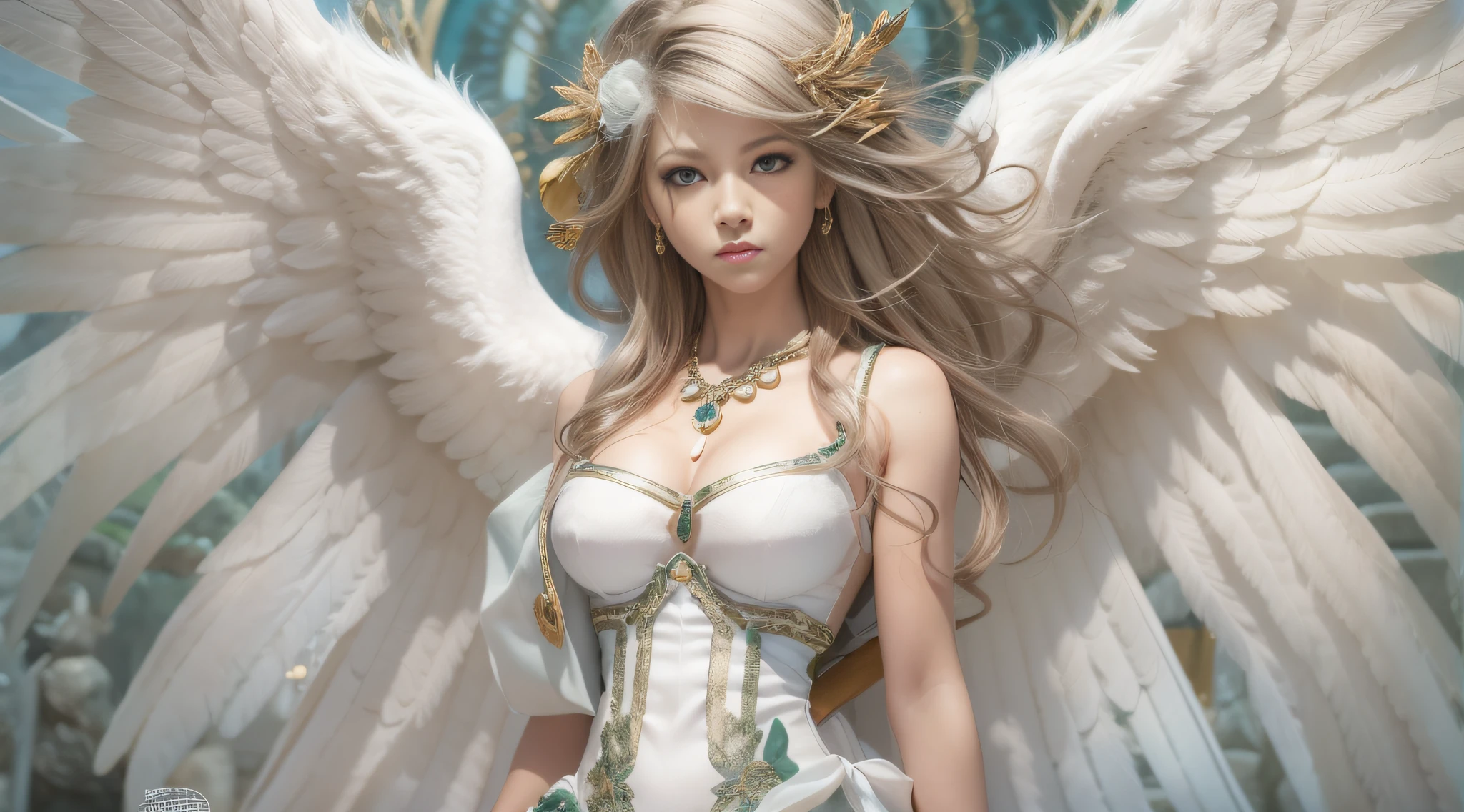 женщина с белыми волосами и крыльями ангела в белом платье, 8 тыс., вдохновленный Масамунэ Сиро,  красивый ангел-киборг, высокая женщина-ангел, Величественный ангел в полный рост, глобальное освещение, цифровая краска, Художественный стиль Масамунэ Сиро