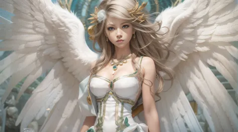 uma mulher com cabelos brancos e asas de anjo em um vestido branco, 8 K, inspirado em Masamune Shirow, menina bonita do anjo do ...