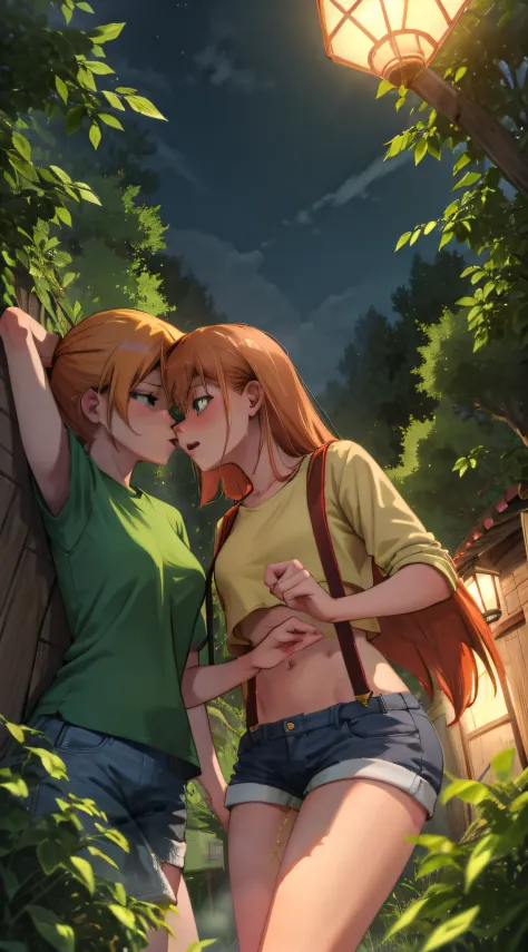 Two women having fun in the forest at night、obscenity:1,2、Metamorphosis:1,2、Lesbian Mika:1,2、Grabbing each other's buttocks、incontinence、the kiss、Misty、orange color hair、 suspenders、 side poneyTail, orange color hair, Midriff, yellow crop top, a navel,  ho...