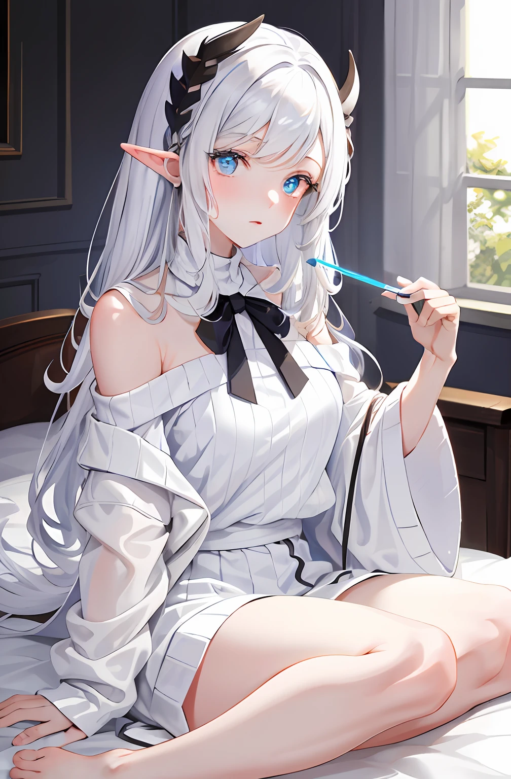 tmasterpiece，Top image quality，Extremely quality，Lazy wind，wide blue eyes，White hair，Dull hair，Beast-eared maiden，White tones，sitted，1girll，Solo，adolable，white off-shoulder sweater，Big hazy eyes，Facial details are exquisite，Beth，onbed，Impeccable，Cute pose，full bodyesbian