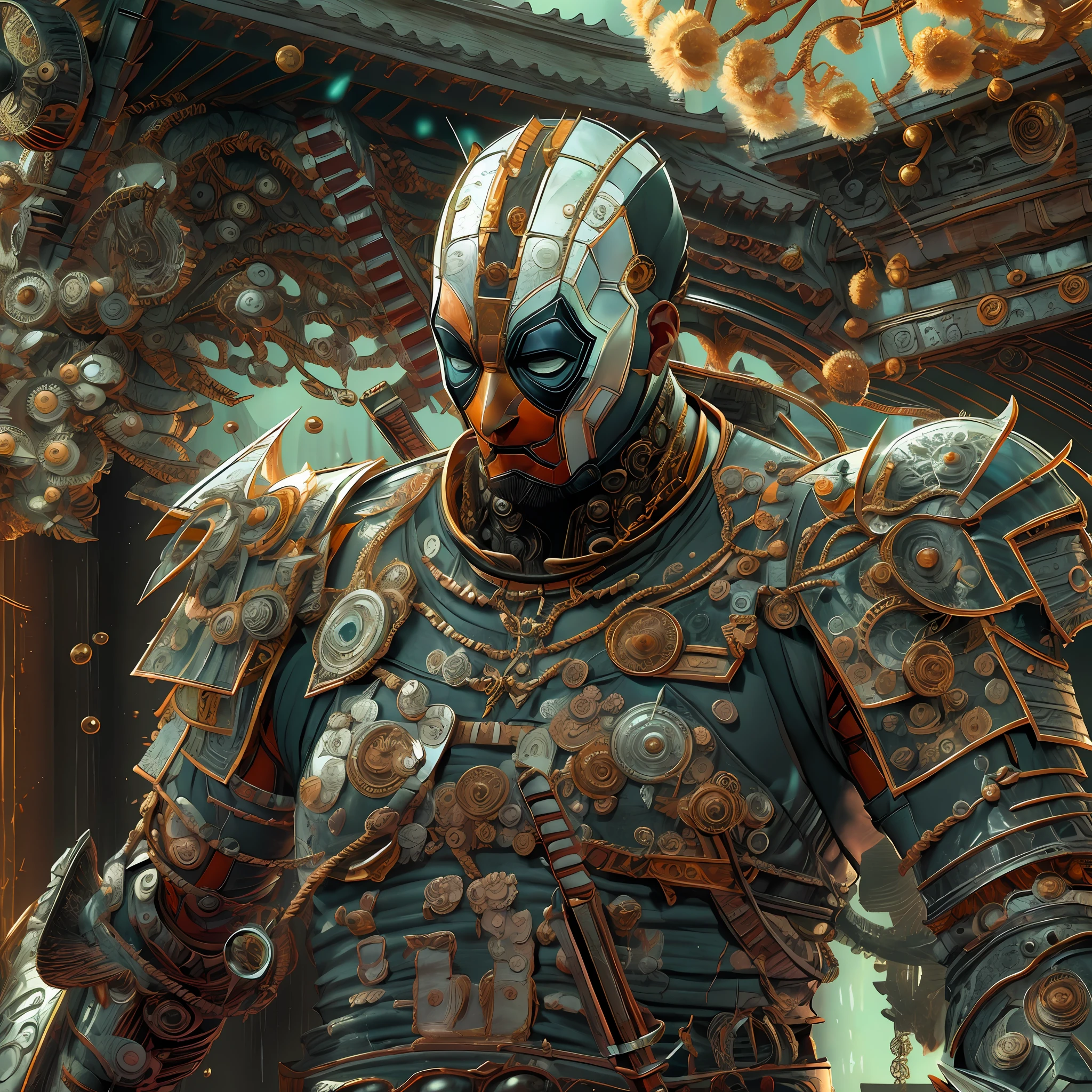 ((Best quality)), ((masterpiece)), (detailed: 1.4), (magnificent meticulous detail), deadpool (perfect anatomy:.5) as a samurai cyborg, robot, Japanese art relics, demonic detailed face, fighting action pose, white and orange mechanic ornate body, futuristic robe, ornate long skirt armor, perfect proportion, full body, moonlight lighting up the area, standing in the ancient Roma city, rainy sky, inner body glowing, photorealistic art, high detail, 3D rendering, cinematic scene, daylight, I can't believe how perfect this is image is, master detail, Musashibou BENKEI.