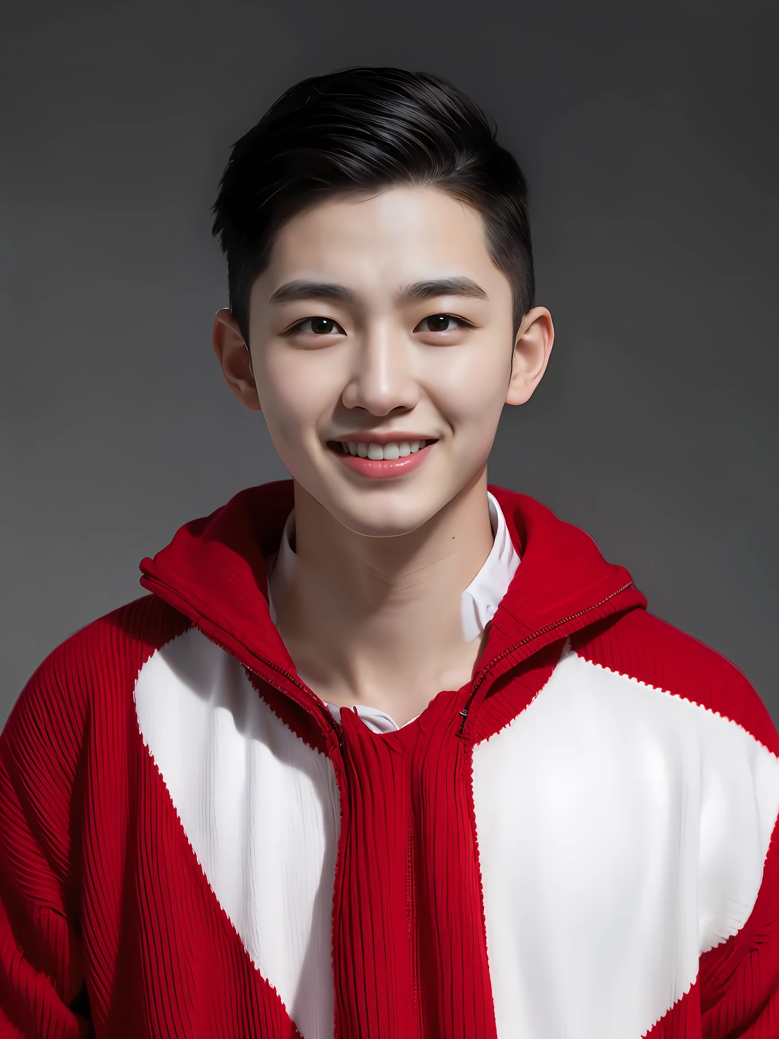 A Chinese male high school student，wearing a red sweater