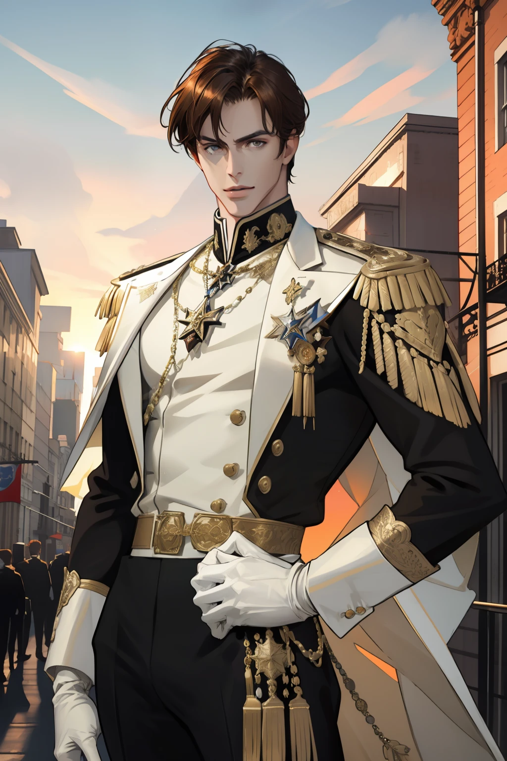 (masterpiece, best quality), 1 male, adult, handsome, tall muscular guy, broad shoulders, finely detailed eyes and detailed face, extremely detailed CG unity 8k wallpaper, intricate details, brown hair, brown eyes, 1960 city background, nobleman, aristocratic, elegant, neat, graceful, sunset, scenery, black general's uniform, white gloves, empire, cowboy shot,