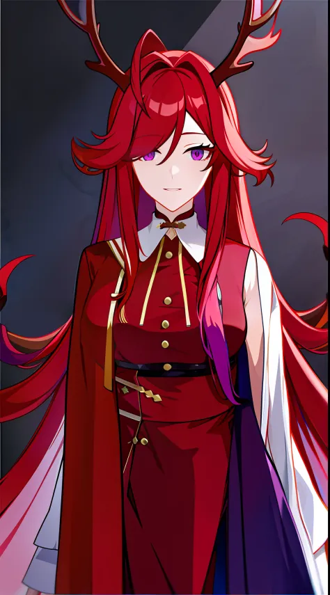 adult woman, long red hair with purple ends, deer antlers, violet eyes, herbalist's robe, masterpiece, hiquality