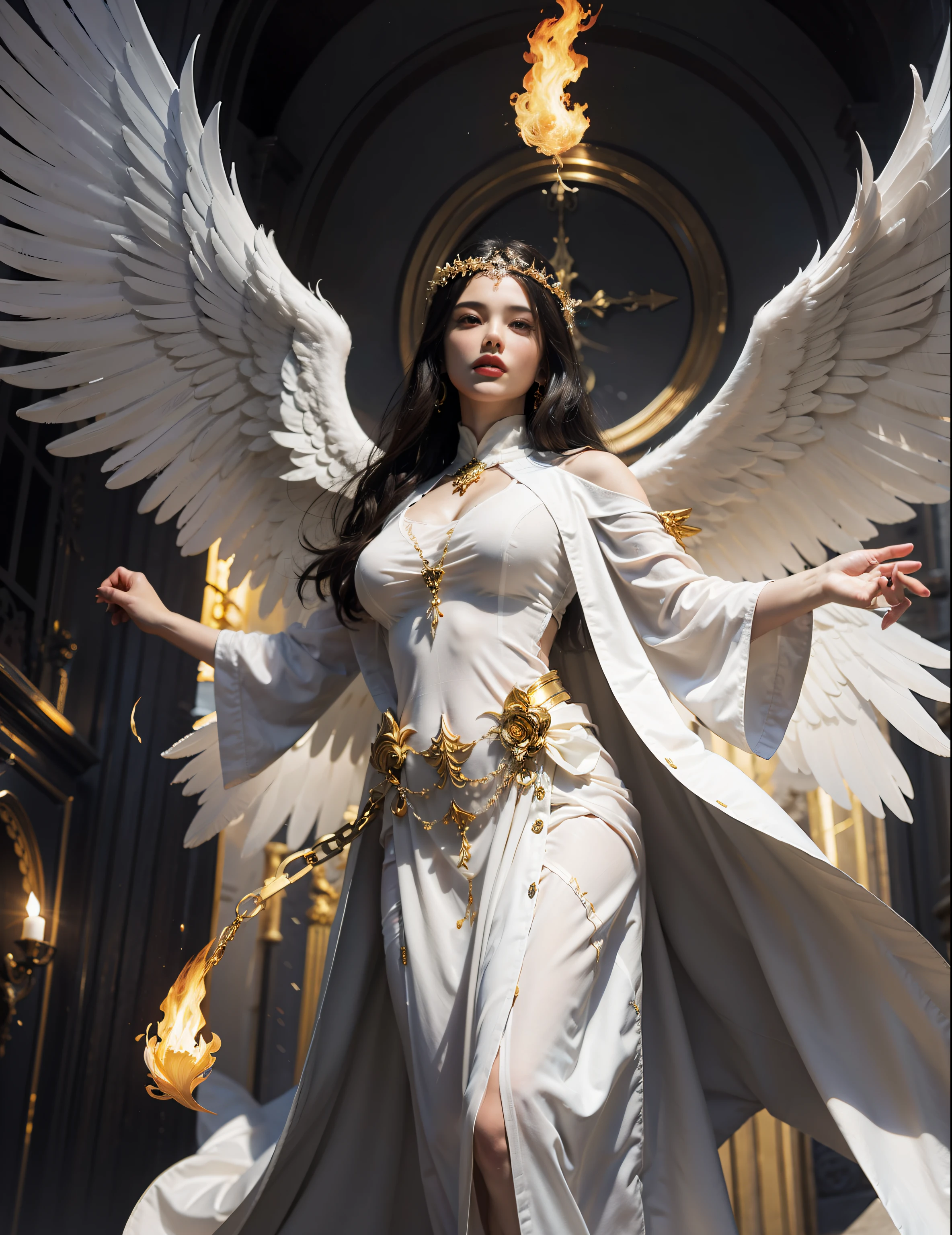 神聖而美麗的天使， 巨大的白色翅膀收起，寬鬆的白袍，金色的火焰圍繞著身體，超清，清晰細節大師的畫作