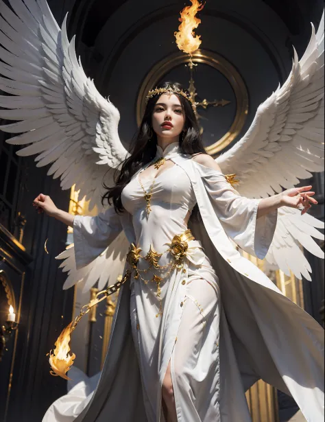 Divine and beautiful angels， Huge white wings retracted，Loose white robe，Golden flames surround the body，ultraclear，Clear detail...