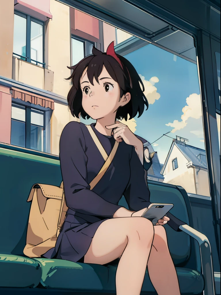 （tmasterpiece：1.4），（best qualtiy：1.4），A high resolution：1.4），Kizi，Kiki，Sitting by the window of the tram in uniform，Play with your phone with one hand