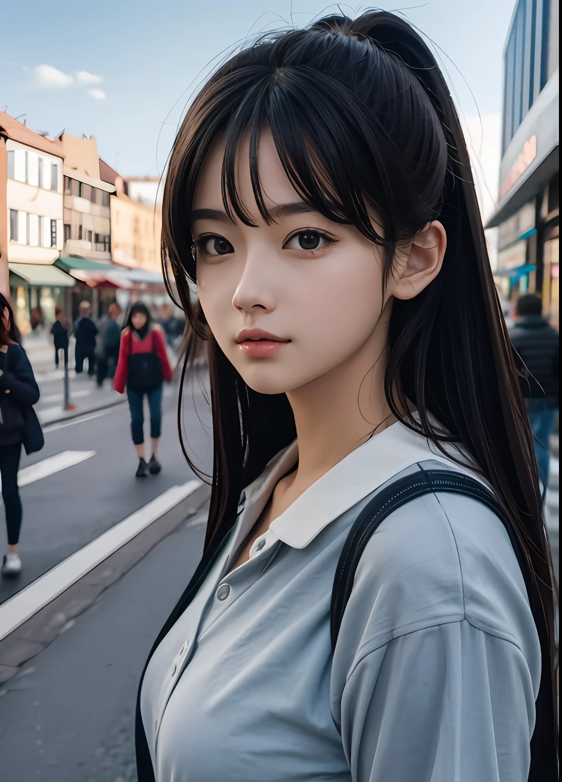 (beste Qualität:0.8),
(beste Qualität:0.8), perfekte Anime-Illustration, Extreme Nahaufnahme Porträt einer hübschen Frau zu Fuß durch die Stadt