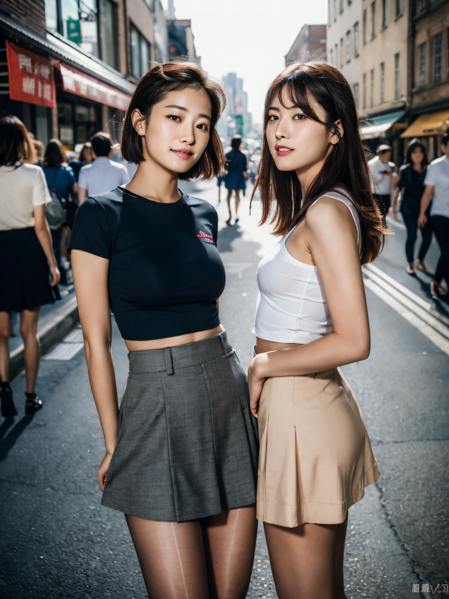 ,(RAW photo:1.2), (Photorealistic:1.4), Street photography,Beautiful Meticulous Girl, very detailed eyes and faces, Beautiful detailed eyes, ultra - detailed, A high resolution, The is very detailed，best qualtiy，tmasterpiece，The shirt，a skirt，illustratio，The is very detailed，unified，8k wallpaper，finely detailled，tmasterpiece，best qualtiy，Unity8k wallpapers，light in face，cinmatic lighting, 1girll, 16 years old，(Camel toes)，(full bodyesbian)，are standing，clavicle，nipple tops,a black skirt，black lence stockings，high-heels，the street，City