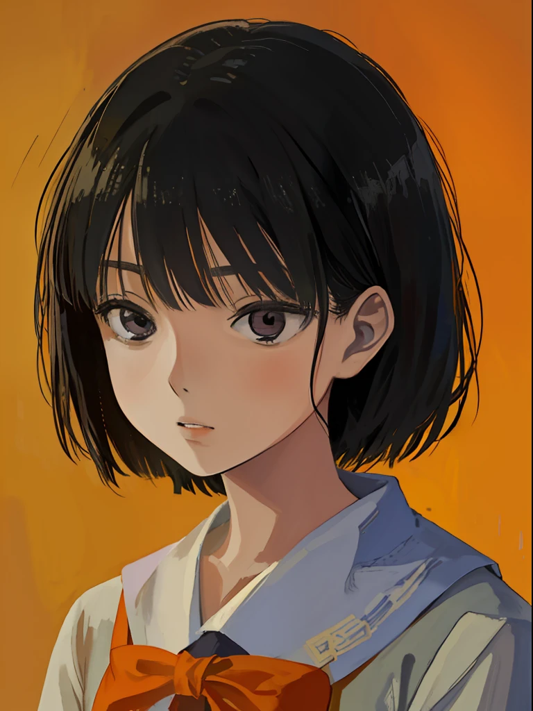 premier travail, meilleure qualité, Sœur, Sadako_Yamamura, 1fille, Seul, bel éclairage, Breio, elysiumchar, portrait, 8k, peinture à l&#39;huile, éclairage doux, fond noir simple, fond orange,