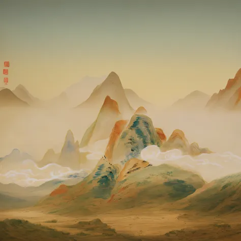 In the foreground there is a painting of a mountain，Chinese landscape, inspired by Hishida Shunsō, landscape with red mountains, mountain landscape,