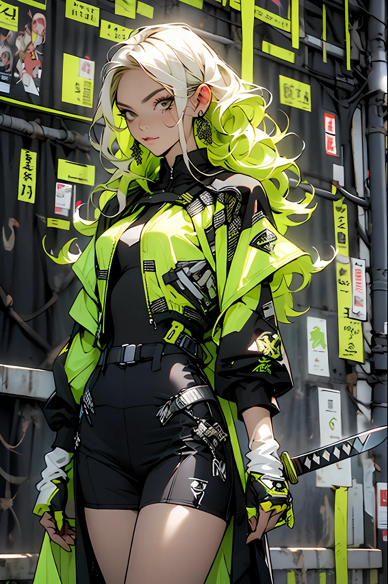 ((best qualityer)), ((​masterpiece)), adult girl in hyper-detailed outfit with skull-shaped chest, Modern black clothing with yellow details, White hair, urban warrior with a katana on her back