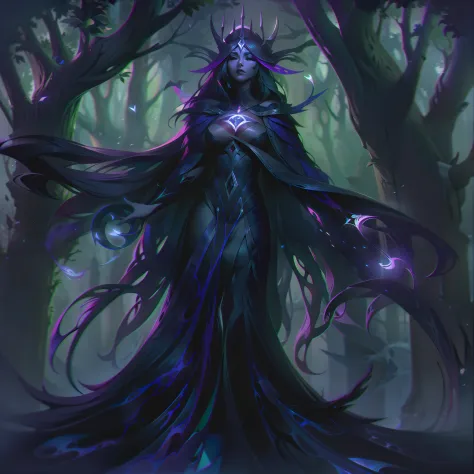 In the base splash art of Nysaria, the Shadow Mender, a haunting and mysterious scene unfolds. The background depicts a dimly li...