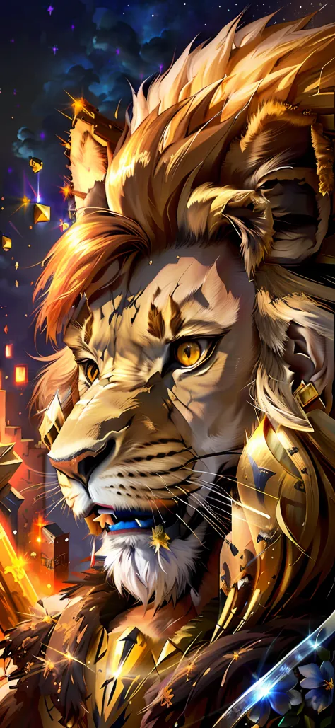 a close up of a lion with a sword and a sword, fire lion, lion warrior, half lion, aslan the lion, fierce expression 4k, lion he...