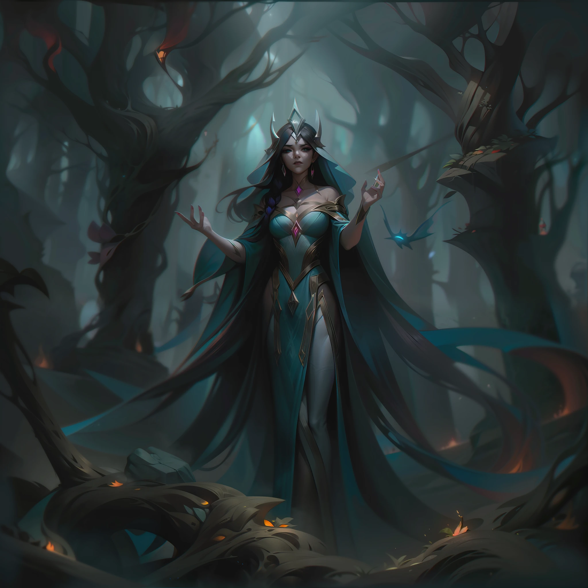 Na arte splash base de Nysaria, o Mender das Sombras, uma cena assombrosa e misteriosa se desenrola. O fundo representa uma luz fraca, Floresta antiga envolta em uma névoa misteriosa. As árvores retorcidas e os galhos retorcidos exalam uma atmosfera sobrenatural, insinuando a natureza mágica do campeão. No centro da composição está Nysaria, A própria elfa das sombras. Ela é retratada em uma postura fluida e graciosa, seu manto se projetava em torno dele como se tocado por uma brisa invisível. Suas feições élficas são ao mesmo tempo sedutoras e enigmáticas, com brilho, olhos etéreos que emitem uma leve tonalidade arroxeada. As mãos de Nysaria estão levantadas, tecendo as energias sombrias que definem seu poder de cura. Fios sombrios e gavinhas de magia a cercam, insinuando as forças potentes que ela pode comandar. Sua aparência geral reflete uma mistura de elegância e mistério, enfatizando seu papel como uma curandeira das trevas. Ao lado de Nysaria, um grupo de sombrios, figuras espectrais pairam. Esses seres etéreos são tênues delineados, enfatizando a natureza sobrenatural de suas habilidades. Eles poderiam ser interpretados como as almas daqueles que ela salvou ou a manifestação dos poderes de cura sombrios que ela exerce. A paleta de cores geral é dominada por tons de roxo, preto, e azuis escuros, reforçando o tema da sombra e da escuridão. A atmosfera evoca uma sensação de sobriedade, equilibrado com um toque de esperança e luz na presença de Nysaria.