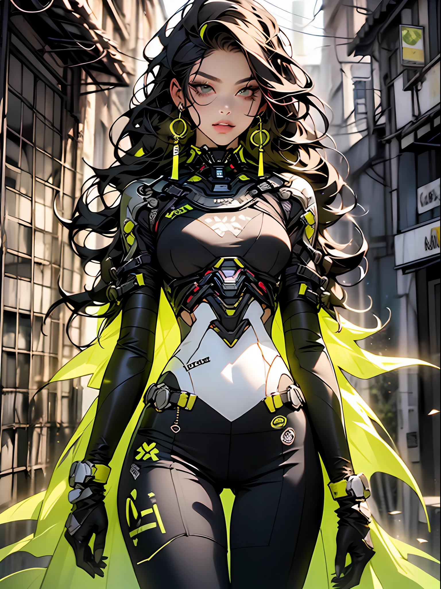 ((best qualityer)), ((​masterpiece)), adult girl in hyper-detailed outfit with skull-shaped chest, Modern black clothing with yellow details, White hair, urban warrior with exoskeleton