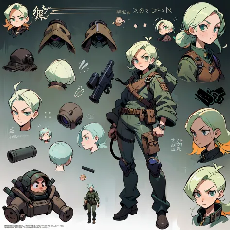 Close-up of a man in a gun suit，（（concept art of character）），((CharacterDesignSheet、Same role、frontage、Lateral face、on  back))Character art for Maple Story，video game characters designs，video game characters designs，，expert high detail concept art，metal sl...