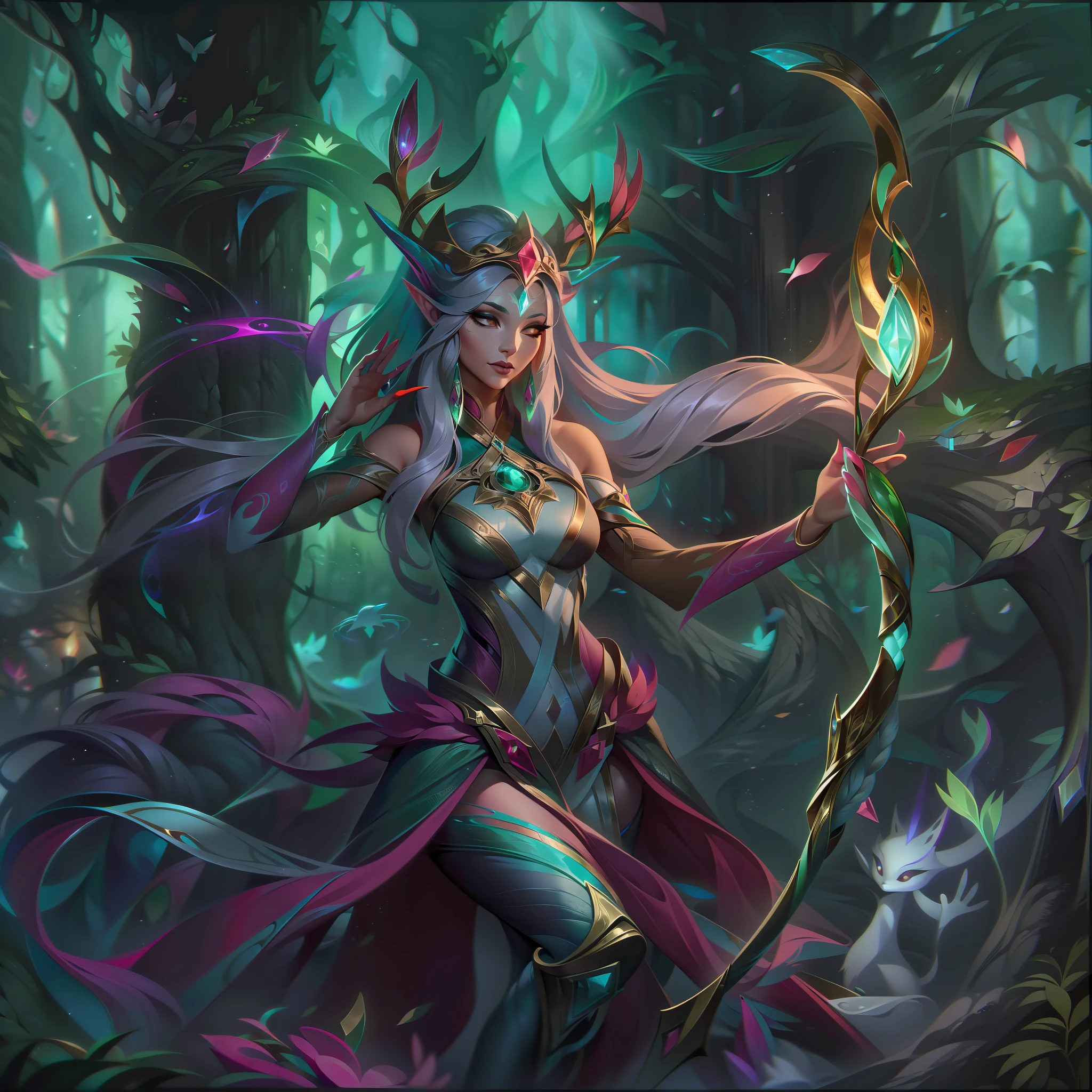 The base splash art of "Verdant Archer Xerona" showcases a hauntingly beautiful scene set in a dense, mystical forest. The background depicts ancient trees adorned with glowing, bioluminescent foliage that casts an otherworldly light upon the surroundings. Xerona, the Bio-Arcane Huntress, stands gracefully at the center of the artwork, exuding an aura of power and elegance.

Her elven features are accentuated, with long, flowing hair that blends seamlessly with the vibrant, leafy vines entwined in her armor. Xerona's eyes glow with a magical intensity, reflecting the connection she has with the nature spirits. Her bow is an exquisite masterpiece, made from the finest materials found in the forest and adorned with arcane runes.

In her hand, she nocks a glowing, bio-enchanted arrow, ready to unleash its potent force upon her enemies. Surrounding her, magical wisps and spectral creatures representing her ancestral nature spirit dance gracefully, lending an air of mystery and wonder to the scene.