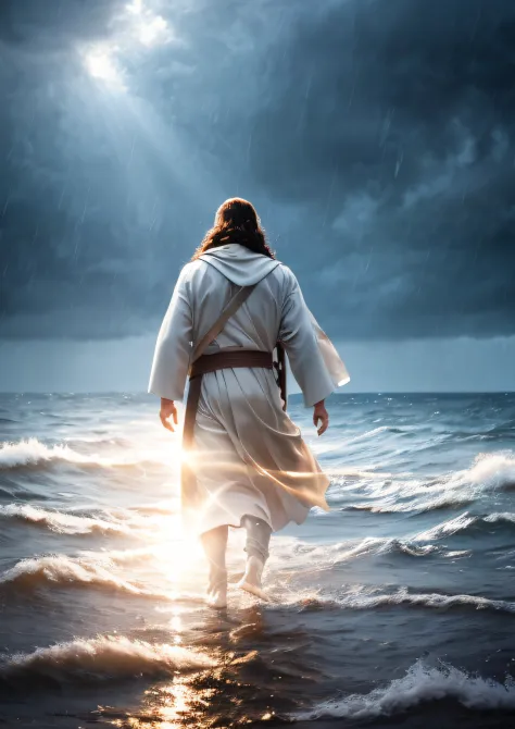 Jesus walking on water in a storm, soft expression, rays of light coming down from the sky, masterpiece, high quality, high qual...