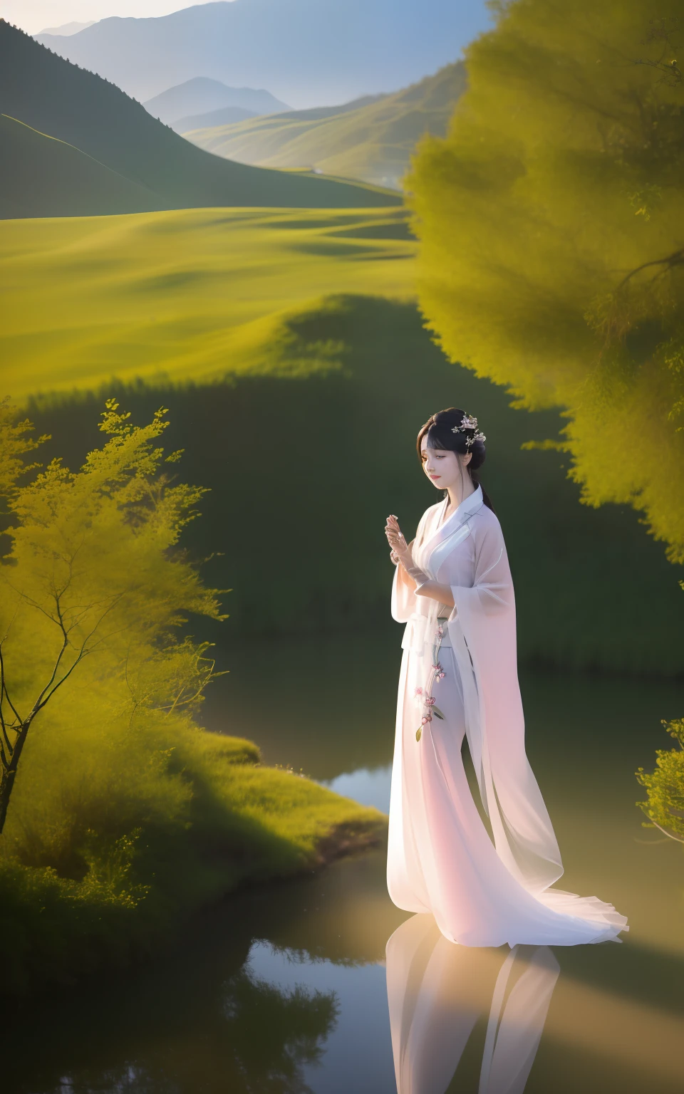 The morning light is faint，Mist shrouds the landscape and water，It's like a quiet landscape painting。In this peaceful world，The goddess of costume quietly arrived。She wears a pale pink Hanfu，The robe dances gently in the wind，Like an independent fairy。

The morning sun shines through the clouds，Sprinkle on her gentle long hair，It more touchingly outlines her charming figure。The tear moles in the corners of her eyes were like stars，Dazzling，Reverie。She had a faint smile on her face。。。。。。。。，Exudes an otherworldly temperament，It makes people want to get closer。

She walked on a winding mountain road，Tread on the green grass underfoot，It's like walking in a fairyland。The surrounding area is full of greenery，Ancient trees，Flowers。A clear stream gurgled through，Dance with the wind，Sing with flowers，Intoxicating。

The goddess's gaze swept over the landscape，Stop from time to time to admire，Take a walk from time to time。In this endless beauty，She seems to be at one with this natural landscape，It has become an integral part of landscape painting。

The morning fog gradually dissipated，The sun shines on the earth，The figure of the goddess became clearer and clearer。She gently stroked the piano，The melodious sound of guzheng echoes in the mountains，It's like heavenly sounds，It's heartwarming。

At this moment，The passage of time slowed down，It was as if the whole world had stood still。Only the sound of the goddess's piano is intertwined with the natural scenery of the landscape，Sketch a timeless picture。