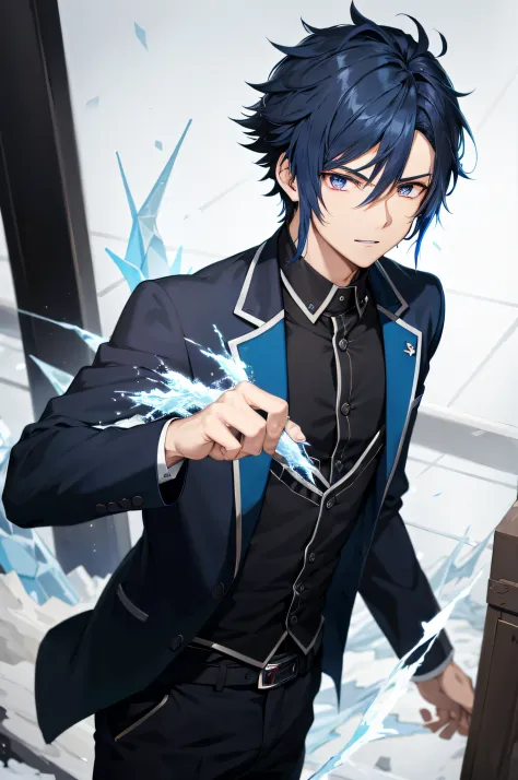 an anime boy with dark blue hair, thick hair with a pointed bang extending between his eyes, cold blue eyes, wearing a classy bl...
