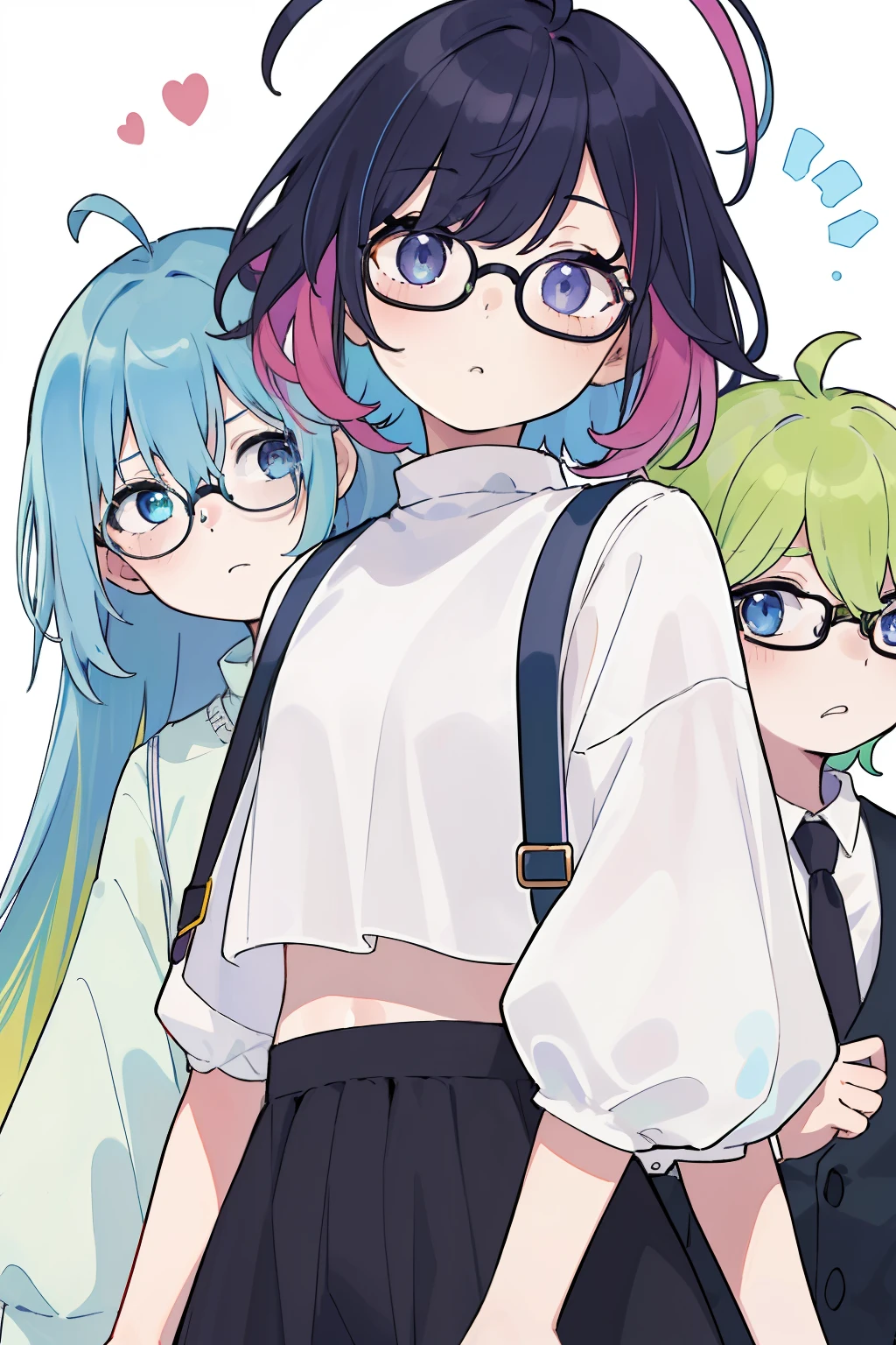 (​masterpiece、top-quality:1.1), With one girl、２Boy with people glasses, Empty clothes, Beautiful eyes of iridescent colors,punch , The two are good friendoody expression, Rainbow Hair Color, bangss, Ahoge,croptop, Everyday background