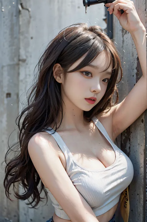 Top image quality、Raw photography、超A high resolution、Cute girl at 18 years old、Shooting for one person only、very large round breasts、cleavage of the breast、Tank top、Skirt、Shiny hair、Beautiful Eyes of Details、very elongated eyes、Beautiful eyelashes、Beautifu...