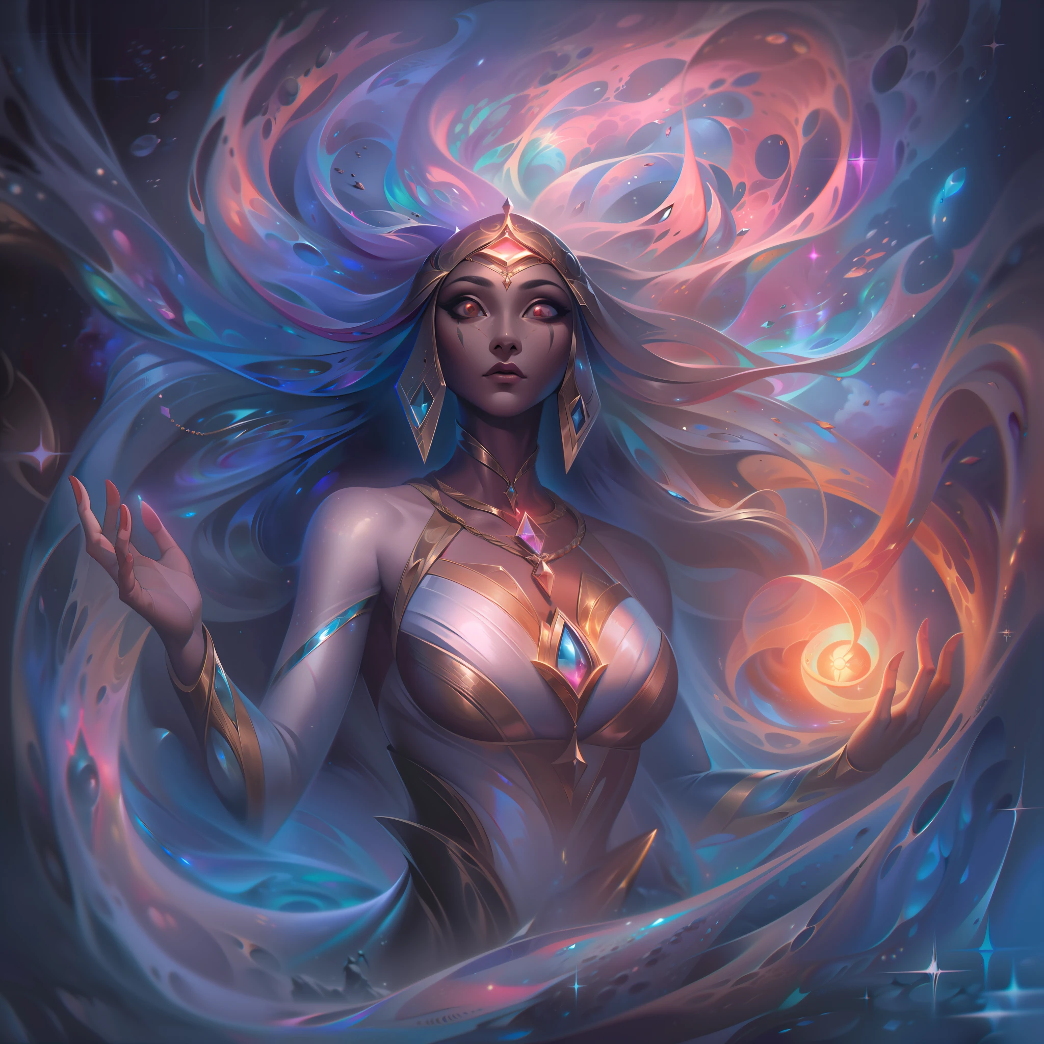 The base splash art of "Hinnah, the Aliena-Essokinetic" is an awe-inspiring and otherworldly sight. Hinnah, a powerful being with Aliena-Essokinesis powers, takes center stage, exuding an aura of enigmatic energy.

In the artwork, Hinnah stands tall and majestic, radiating a mesmerizing aura of swirling, alien-like energies. Her presence commands attention, and her expression is calm yet imbued with an air of ancient wisdom.

Hinnah's Aliena-Essokinesis powers are evident as she manipulates and controls extraterrestrial energies around her. These alien energies take the form of vibrant and luminescent tendrils, showcasing her mastery over this unique and cosmic force.

The background complements Hinnah's powers, depicting an otherworldly landscape with distant planets and celestial phenomena. The scene transports viewers to an unknown realm, emphasizing Hinnah's connection to the alien energies she harnesses.

The color palette is a breathtaking blend of iridescent and cosmic shades, creating a sense of wonder and mystique. The artwork exudes an ethereal and surreal atmosphere, capturing the essence of Hinnah's Aliena-Essokinesis powers and her celestial presence.