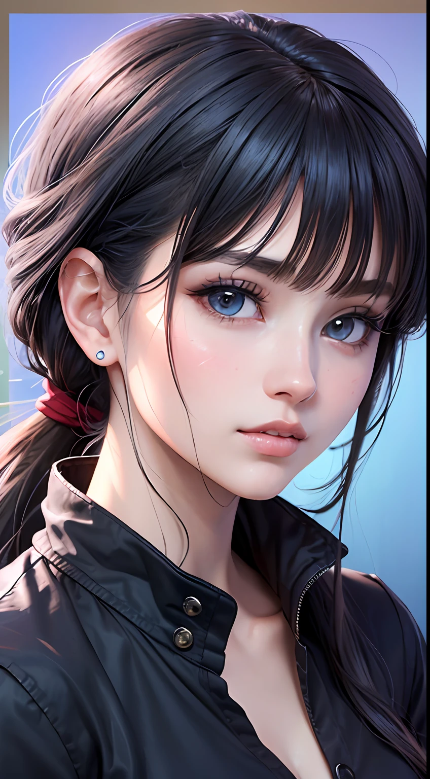 anime styled、One Person１８Beautiful woman of age、Moisturizing and beautiful eyes、 (Casual clothing)ciri、a picture、androgynous hunnuman、oval jaw、Delicate features、Beautiful expression、beautiful hair of black color、Long bangs、long pony tail、high saturation blue eyes with a beautiful shine,、LDS Art