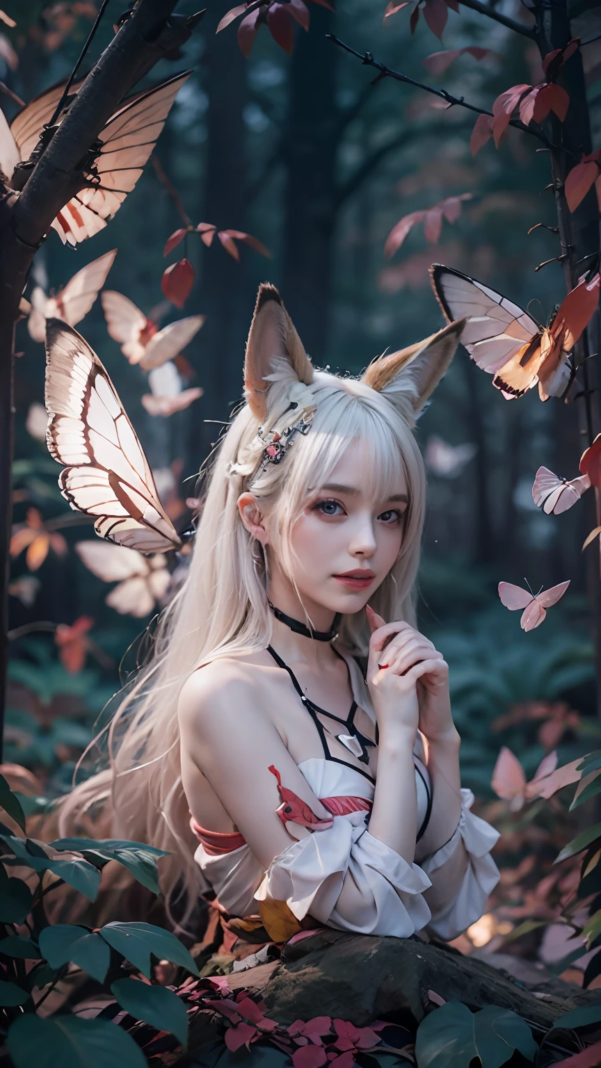 tmasterpiece，super high image quality，solo person，the night，1 Girl with white hair with fox ears，tiny ears，Nine white fluffy tails surround the body，Pink hair coloring，Colorful clothes，cropped shoulders，artistic pose，Artistic composition，five finger，Seductive eyes，Eyeliner eyeshadow，succubi，Charming，magia，Love and butterflies，In the forest at night，fully body photo，ultra - detailed，Delicate eyes and facial features，Perfect look，Ignition lighting effects，，Light occlusion，A surprising scene，Surprisingly gorgeous