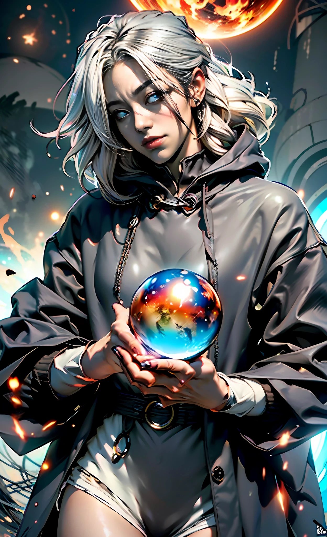 (absurdists, ah high, ultradetailed), ((A  girl)), a 1girl, androgynous vampire, High Stability, ((white colored hair)), pubic tattoo, ((Holds a magical sphere in his hands:1.6)). ((чрезвычайно детализированные обои CG unity 8k, intricate detials, (style-swirlmagic: 0.8), portraite of a, looking a viewer, solo, (full length: 0.6), dynamicpose, Detailed background, Madness in the eyes, floating in the air,  A Necromancer, Evil to the bone, Red clouds, casting spell, fireball, Dark hooded mantle, The Dark Circle, Underworld, Warhammer theme, bringer of false light, dark clouds, floating chunks of dirt, decadence, Outgoing evil energy, dark aura, Broken shackles)), (cowboy  shot) junji ito 4 k, with long gray hair, this junji art, style of junji ito, portrait of sadako of the ring, Gentle androgynous princess , Beautiful androgynous princess, nice feet, detailing, Burst breasts, extra high resolution, 8k, (Lovely Medium Breasts), perfect anatomy, (shapely body), Beautiful slender legs, Extremely detailed eyes and face, beautiful detail eyes, extremely detailed body, ((Gloomy color scheme:1.6))