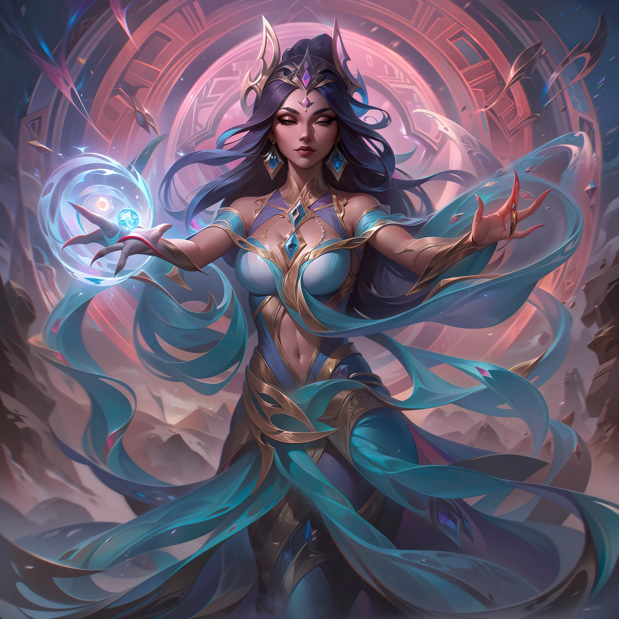 El splash art base de "Surdjhai, Las manos de Onychokinetic" presenta una escena cautivadora y mística. Surdjhai, una portadora de poderes de Onychokinesis, toma protagonismo, exudando un aura de elegancia arcana.

En la obra de arte, Surdjhai se mantiene con un aire de confianza y aplomo, rodeada por un remolino de destellos, energía luminiscente. Su porte elegante y sus túnicas fluidas reflejan su dominio sobre la Onychokinesis, la capacidad de controlar y manipular uñas y garras.

Surdjhai están extendidas, y sus dedos emiten un resplandor radiante, mostrando el enfoque de sus poderes Onychokinetic. De la punta de sus dedos, las uñas cristalinas se materializan en una fascinante exhibición de intrincados patrones y diseños, significando su control sobre esta fuerza elemental única.

El fondo complementa los poderes de Surdjhai, presentando un entorno místico y de otro mundo con cristales flotantes y brillos etéreos. Este fondo se suma a la sensación de asombro y magia que rodea su personaje.

La paleta de colores es una mezcla de tonos iridiscentes y etéreos, creando una experiencia visual encantadora y cautivadora. La composición general exuda un aura de misticismo y poder, capturando la esencia de las habilidades Onychokinetic de Surdjhai y su presencia enigmática.