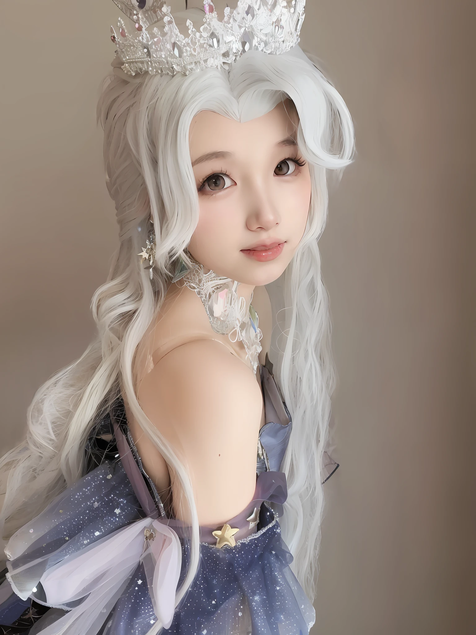 a close up of a woman with a tia on her head, with long white hair, long  white hair, Anime girl cosplay, Anime cosplay, white-haired god, 8K)), Flowing white hair, pale milky white porcelain skin, realistic cosplay, Girl with white hair, white haired Cangcang, Perfect white haired girl, beautiful and elegant elf queen, Ethereal beauty，Real Human