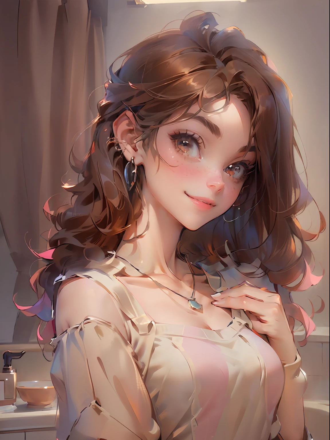 ((Night, Realistic Light, Best Quality, 8K, Masterpiece: 1.3)), 1girl, Slim Beauty: 1.4, Abs: 1.1, (Brown hair, Medium breasts: 1.3), Long pink sweater: 1.1, Bathroom, Super fine face, Delicate eyes, Double eyelids, smile, necklace