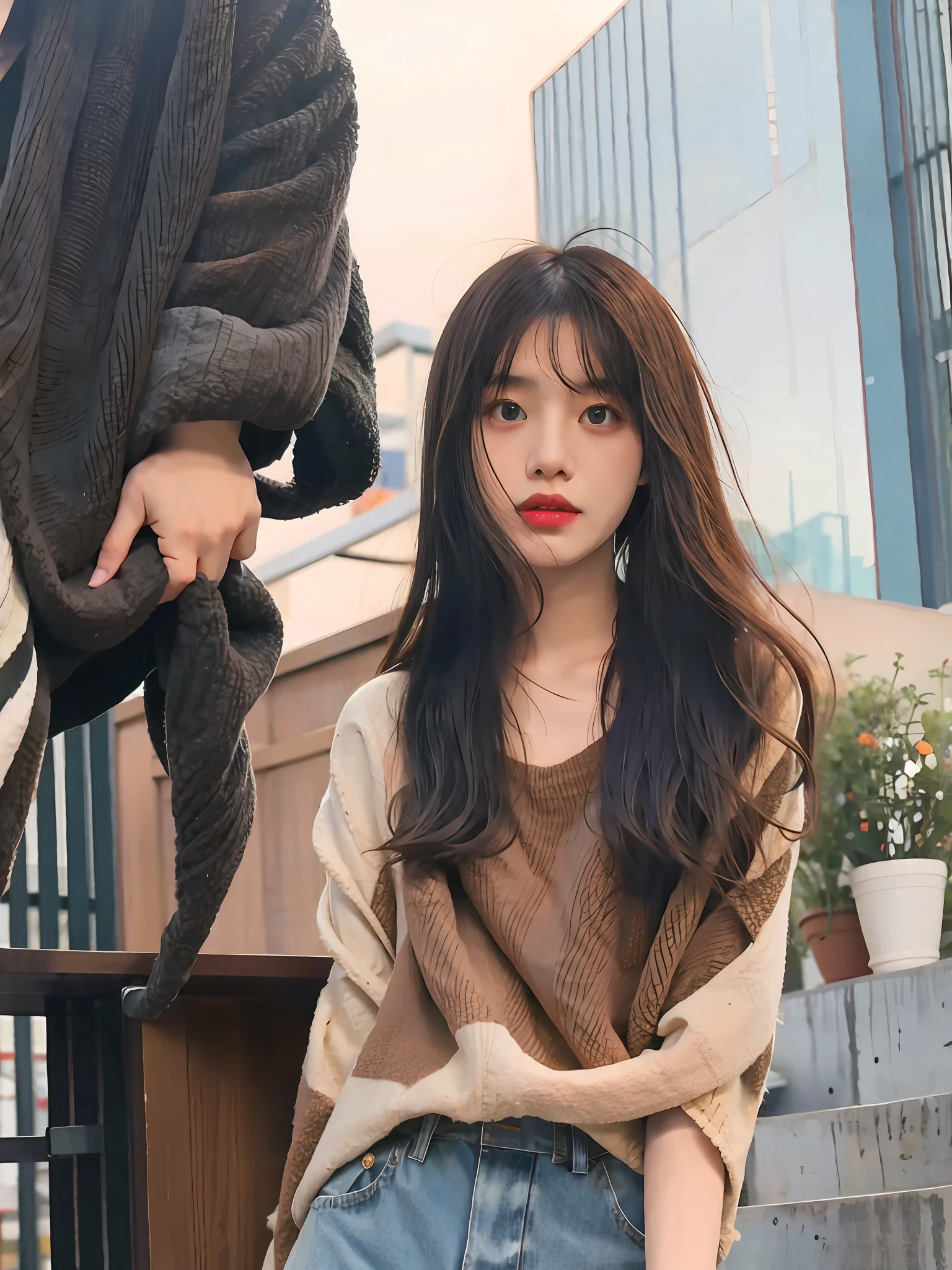 Alafeld, une femme asiatique vêtue d&#39;un haut marron et d&#39;un jean, se tient sur un escalier, ulzzang, Shin Jinying, Bae suzy, aux cheveux longs, photo d&#39;un modèle de fille mince, nom de Jaeyeon, fille coréenne, Elle a des cheveux noirs，Par frange, longs cheveux noirs，Par frange, Modèle féminin de 2 à 4 ans, cheveux longs avec une frange, avec de longs cheveux noirs