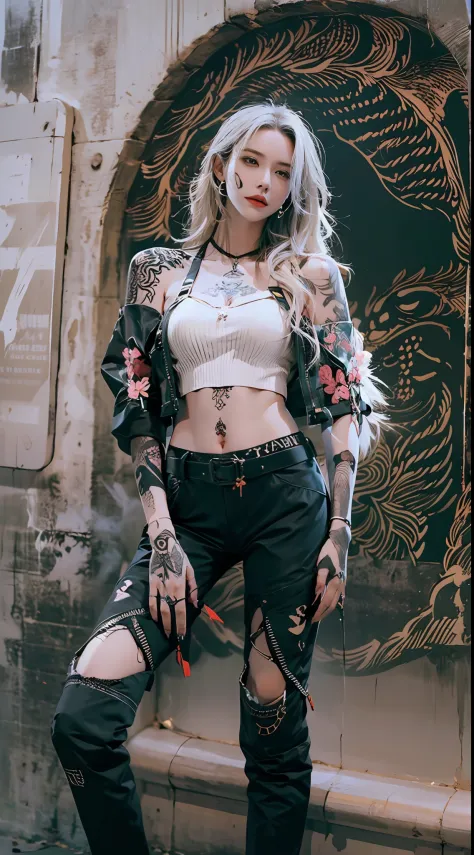 16 years old beautiful cool girl, Detailed Evil Eye, (incredibily detailed, long  white hair，skull tattoo，Flower arm tattoo，Cinematic ultra-wide angle, Depth of failure, ultra - detailed, insanely details, Ultra photo realsisim, high resolution, Cinematic ...