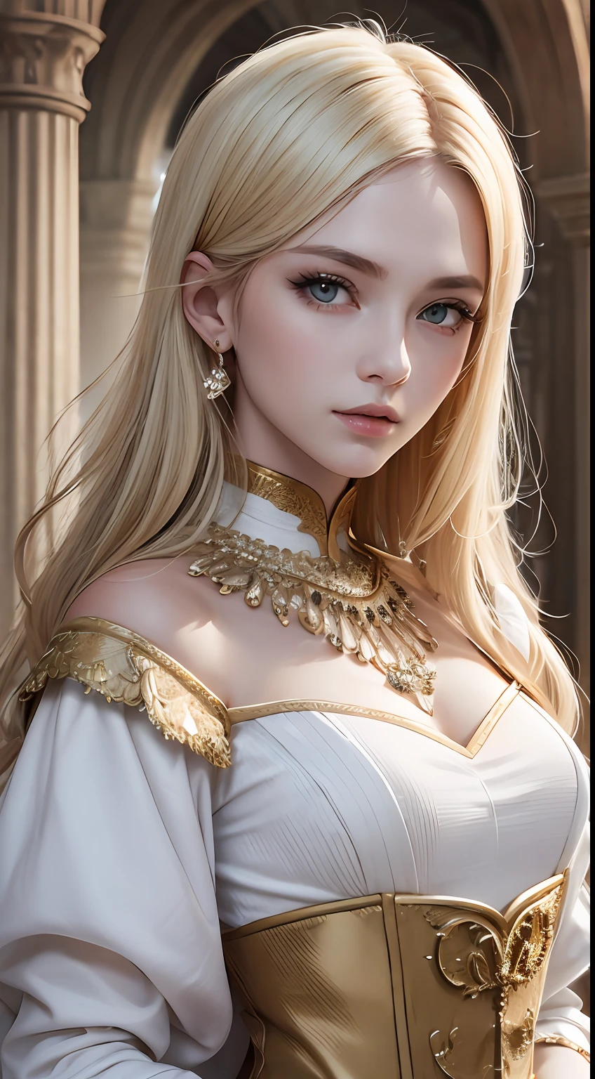 noble，White aristocratic costume，blond hairbl，best qualtiy，8k，tmasterpiece，overall photo，natural soft light，Clear focus，Beauty in style，Highly Detailed Face and Skin Textur，Detailed eyes，double eyelid，inside castle