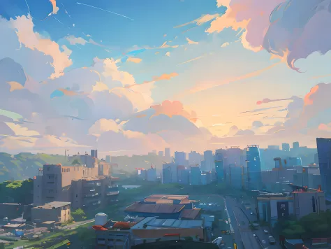 城市，blue-sky，baiyun，in style of hayao miyazaki，In Studio Ghibli style，8K，最好质量