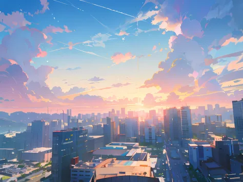 城市，blue-sky，baiyun，Estilo de Makoto Shinkai，8K，最好质量