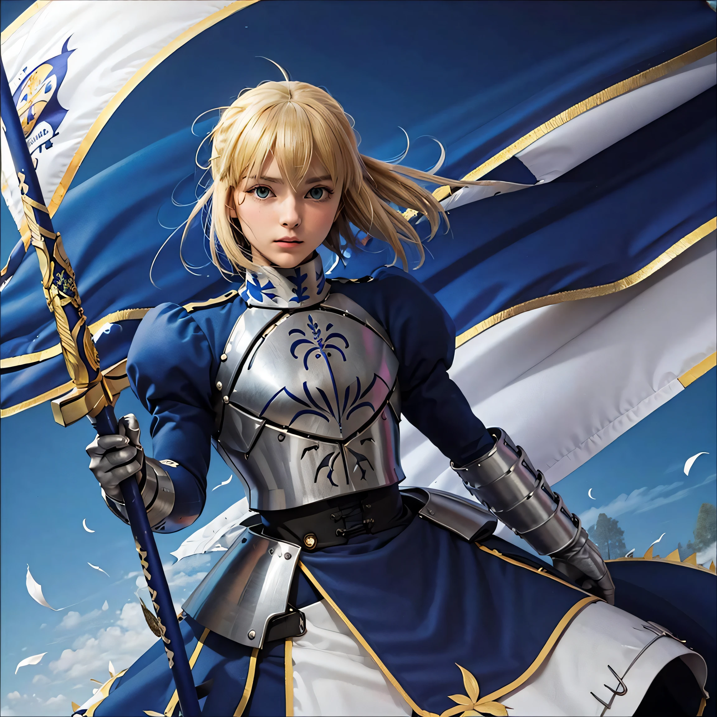 white flag, Hundred Years' War, holding, holding flag, war, in combat, inspire, saber-v1, (1girl, armor, armored dress, blonde hair, blue dress, blue ribbon, braid, breastplate, dress, faulds, french braid, gauntlets, green eyes, hair bun, hair ribbon, juliet sleeves, long hair, long sleeves, puffy sleeves, ribbon, sidelocks, solo:0.8)